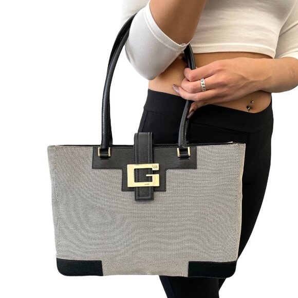 GUCCI Vintage G Square Logo Shoulder Bag Gray Black Cotton Leather [103945] - Picture 3 of 12